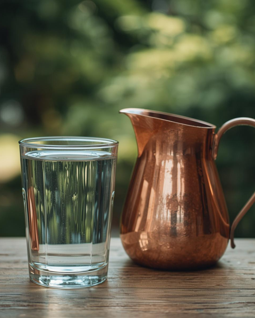 Ein Glas Wasser mit einem Kupferkrug auf einem Holztisch.