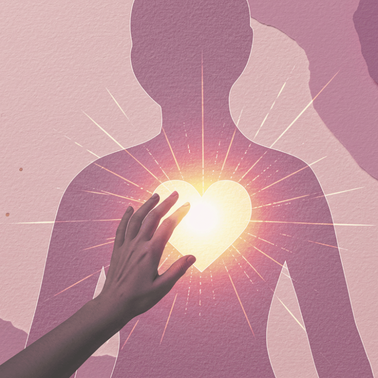 Eine Hand berührt ein leuchtendes Herz, das vor einer stilisierten Silhouette erscheint.