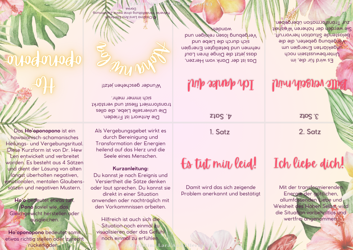 Schleiklangs Ho'oponopono Leporello Tropisches Design mit Blumen und Blättern, enthält Informationen und Anleitungen.