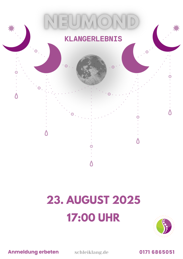 Schleiklang - Mond Klangerlebnis Plakat für Neumond-Event am 23. August 2025 um 17:00 Uhr mit Mond und Mondsymbolen.